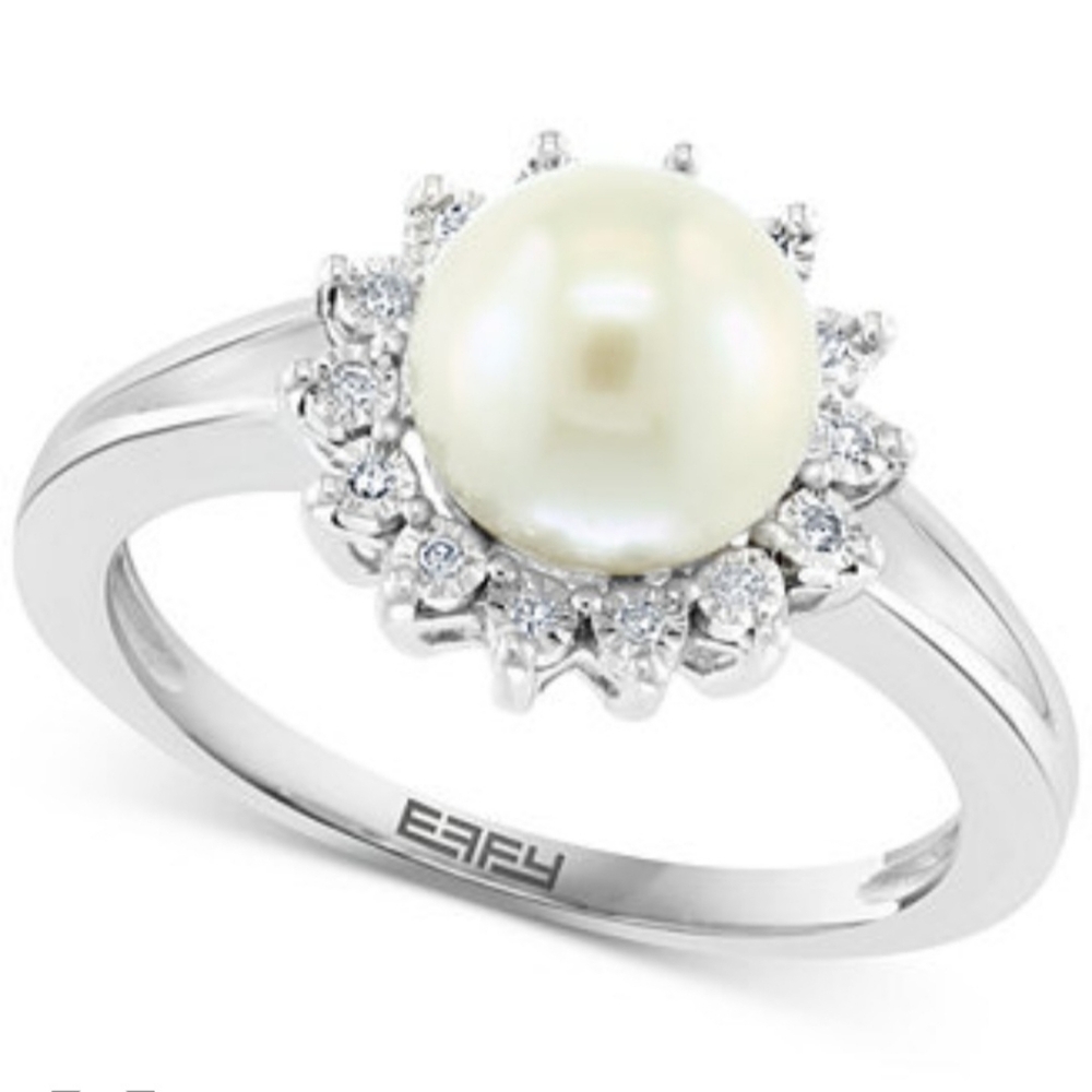 EFFY® Cultured Freshwater Pearl & Diamond Halo Ring in Sterling Silver Size 7